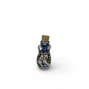 Vintage Hand Painted Miniature Jerusalem Floral Ceramic Oil Filler Jar w Cork